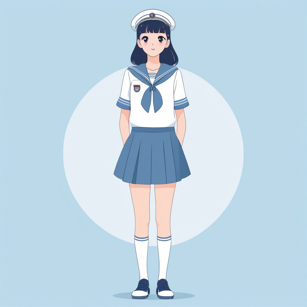纯白背景下的水手服极简女孩：可爱提脚站立全身图
