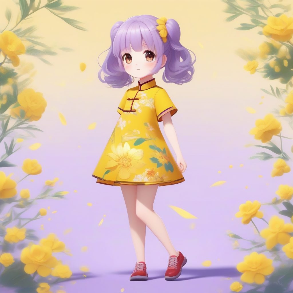 春日花卉Q版旗袍：活力四射与薰衣草纯色背景