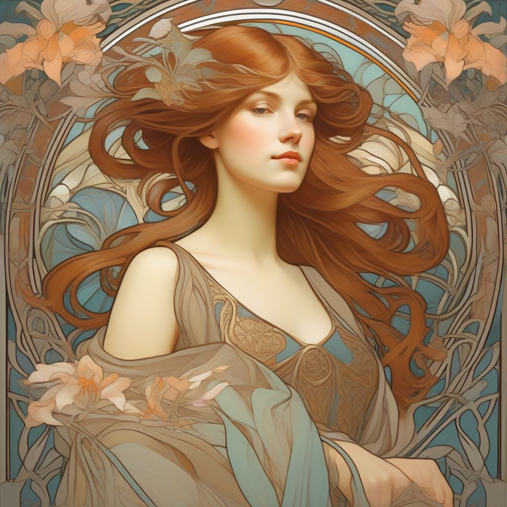 春日少女与百合：阿尔丰斯·穆夏风格的典雅新艺术运动海报