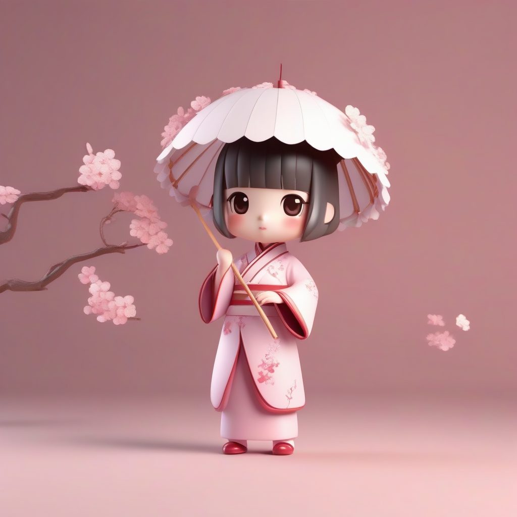 春日樱花：C4D高精细粉色旗袍Q版粘土角色全身图