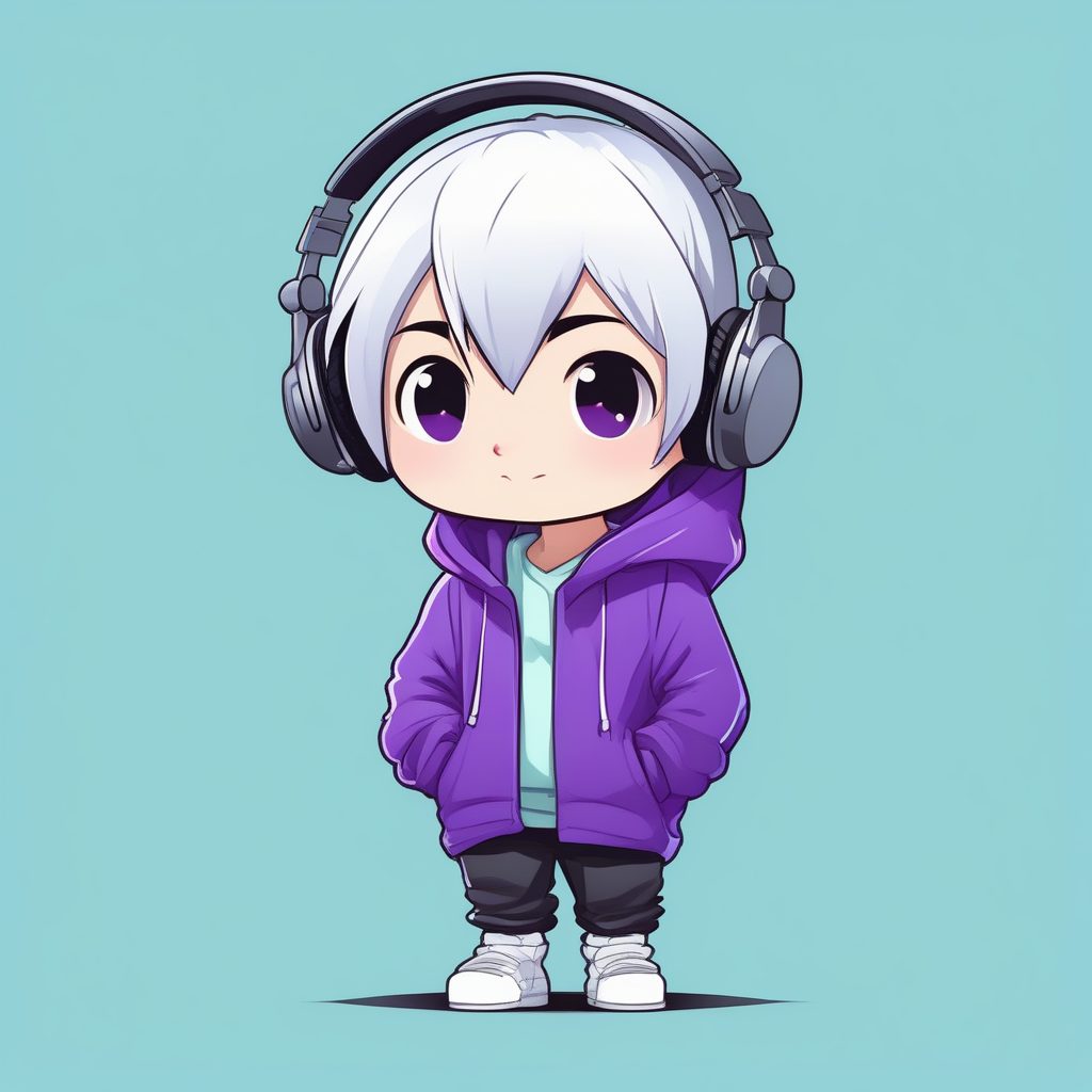 纯色背景极简动漫Q版游戏男孩，戴耳机