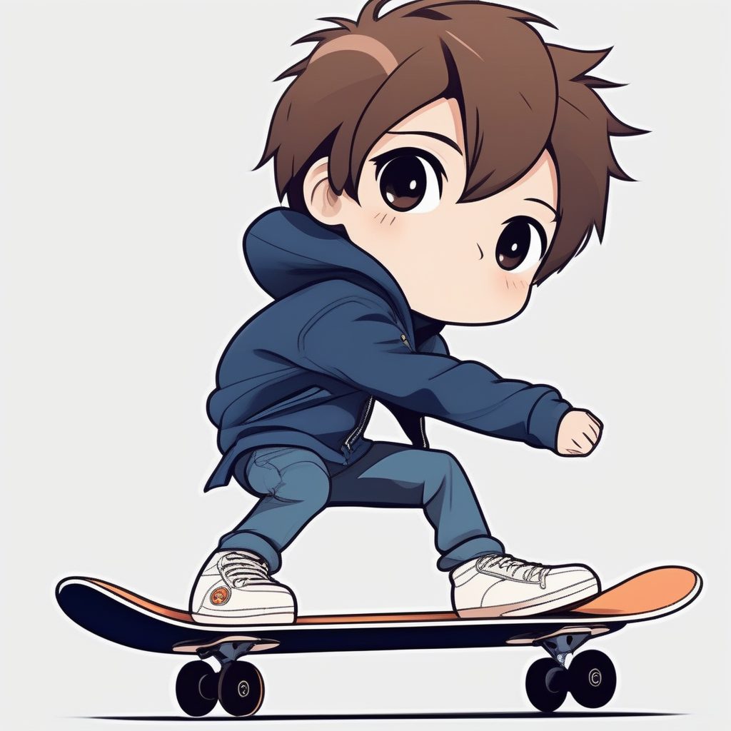 纯色背景Q版棕发滑板少年：极简动漫角色设计AI提示
