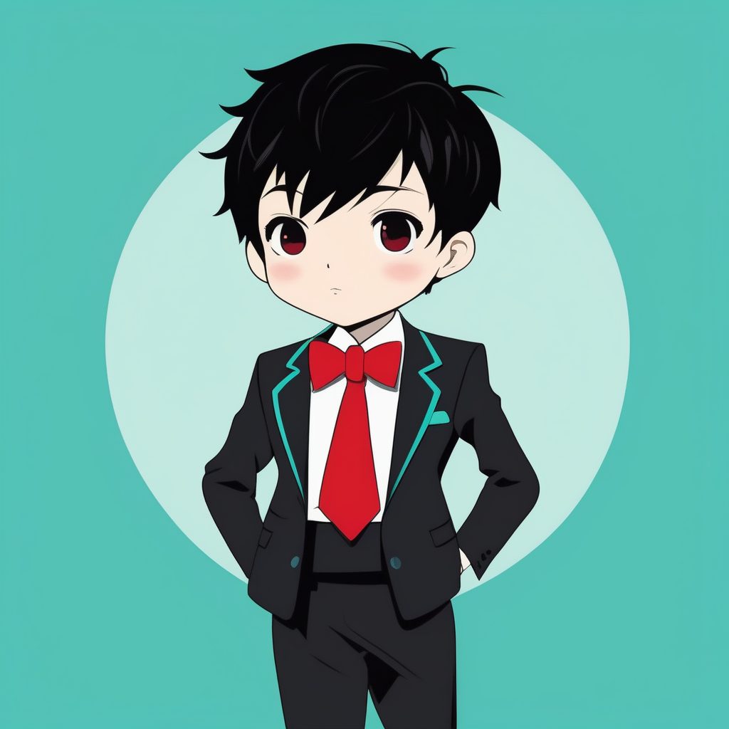 纯色背景下穿西装戴红领结的Q版极简男孩