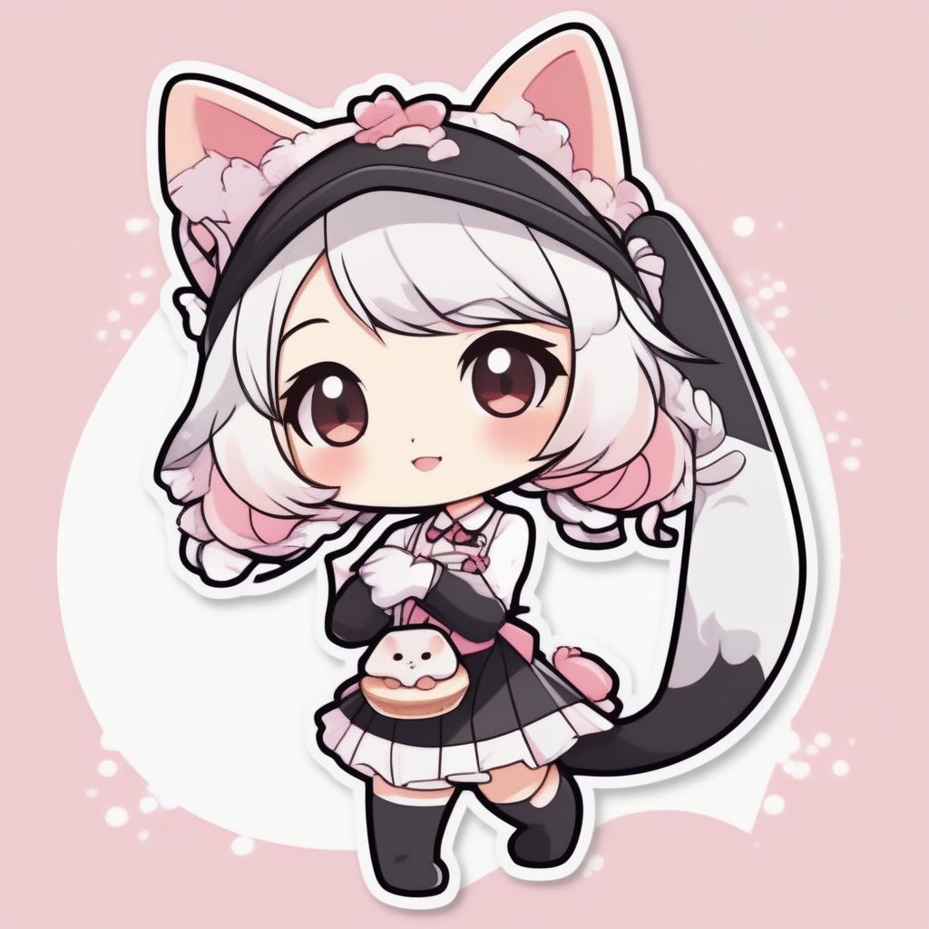 纯色背景下的卡哇伊猫耳女仆：全身站立，持饼干的治愈系插画