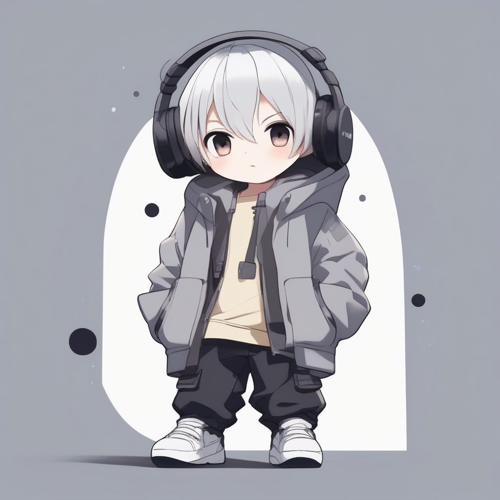 纯色背景下的卡哇伊Q版街头潮人：银色头发特写全身照