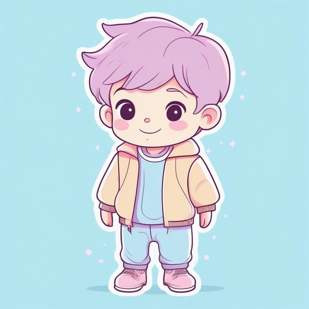 纯真仰望：淡蓝粉配色Q版男孩全身贴纸设计