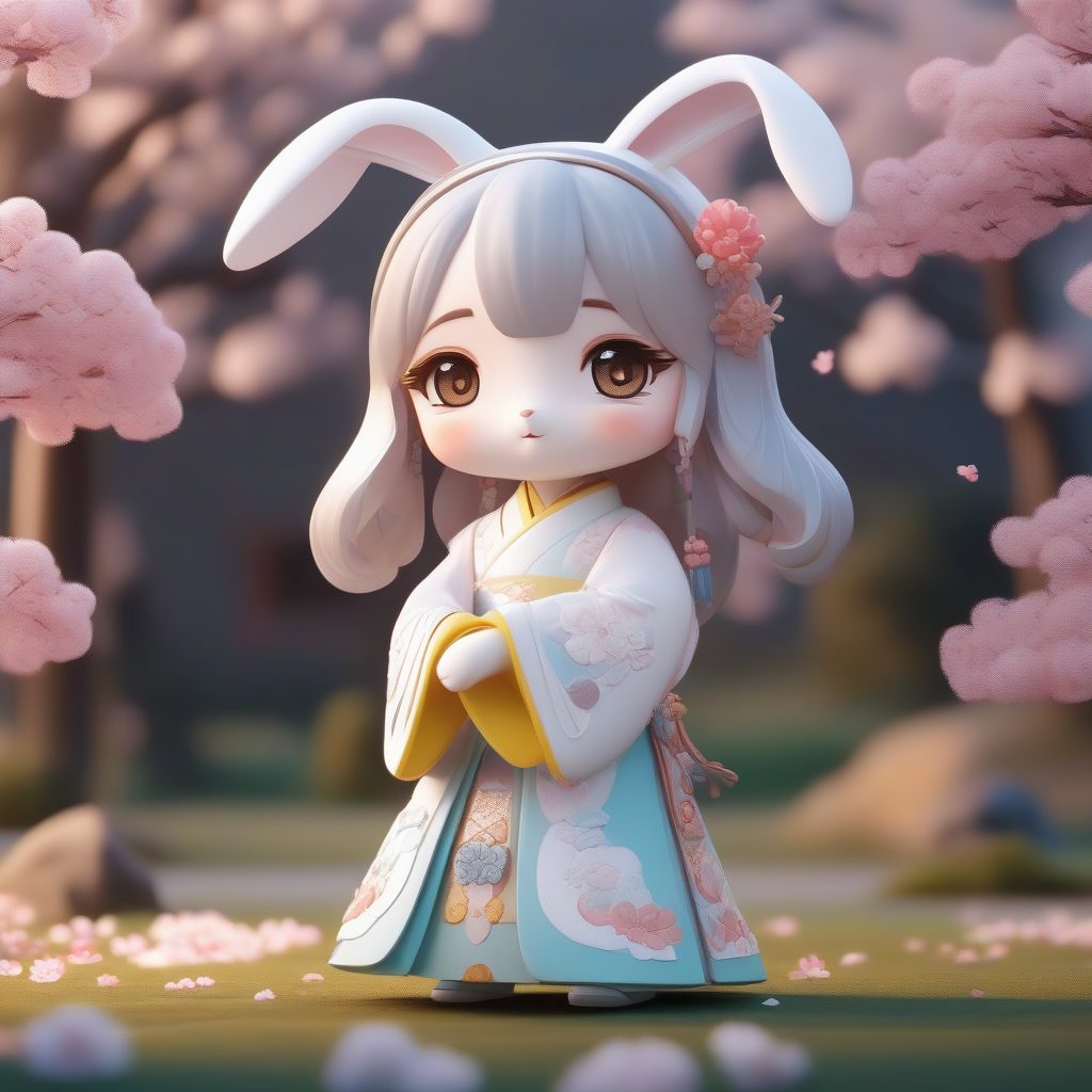 刺绣汉服与巨兔：活泼姿态的高细节3D渲染图