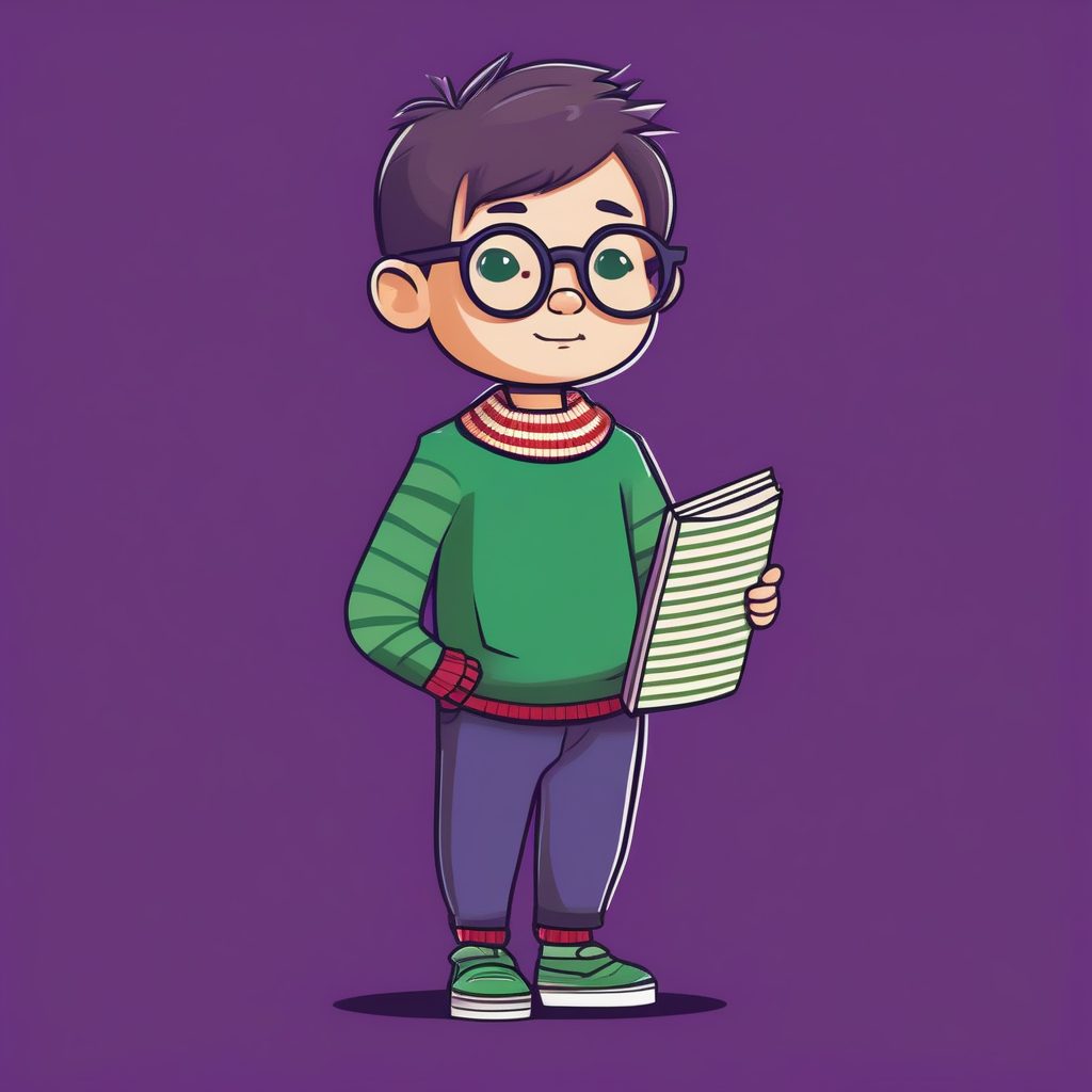 戴眼镜拿书的极简风Q版男孩角色图（紫背景）