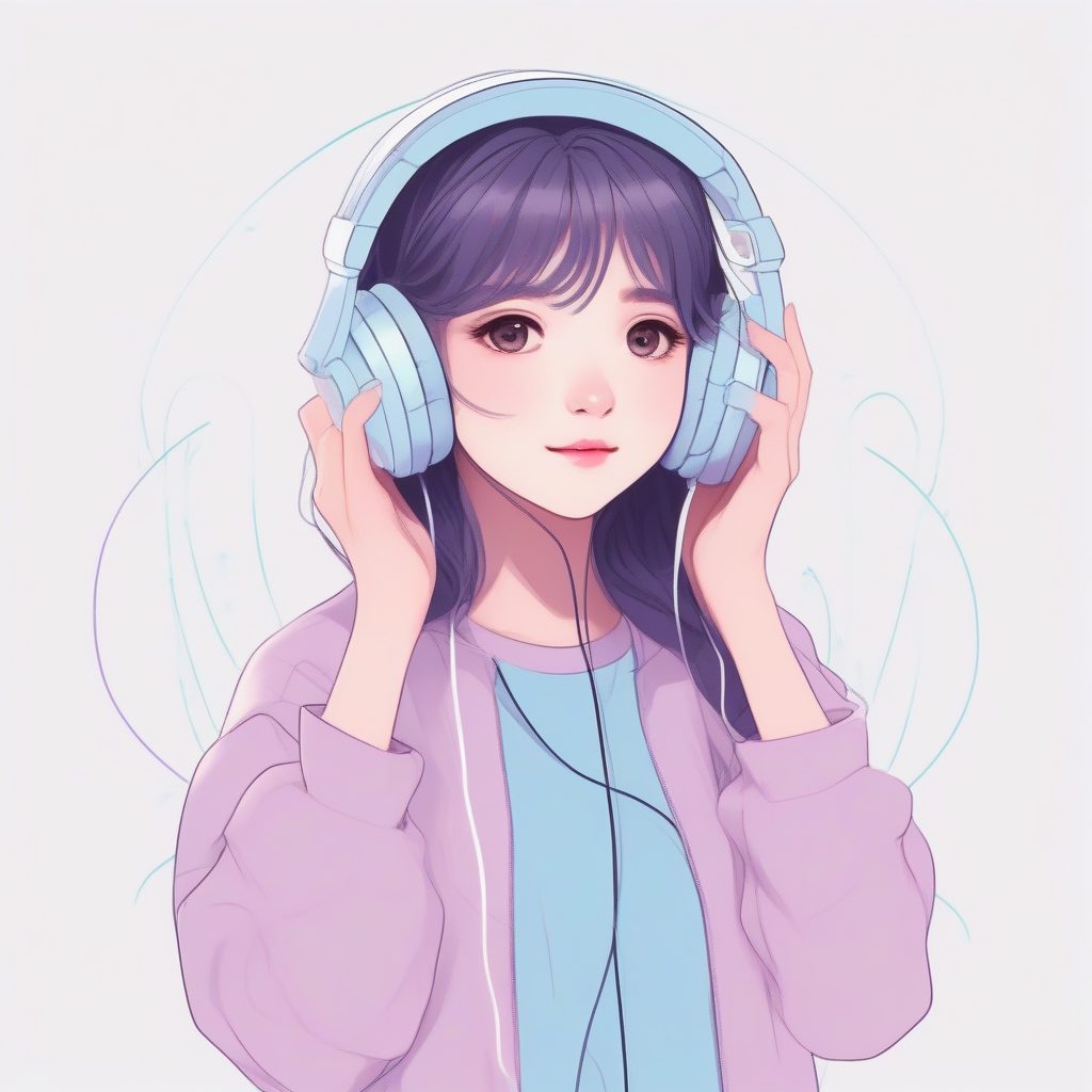 戴着大耳机的轻快动漫涂鸦：音乐节奏感的柔和线条