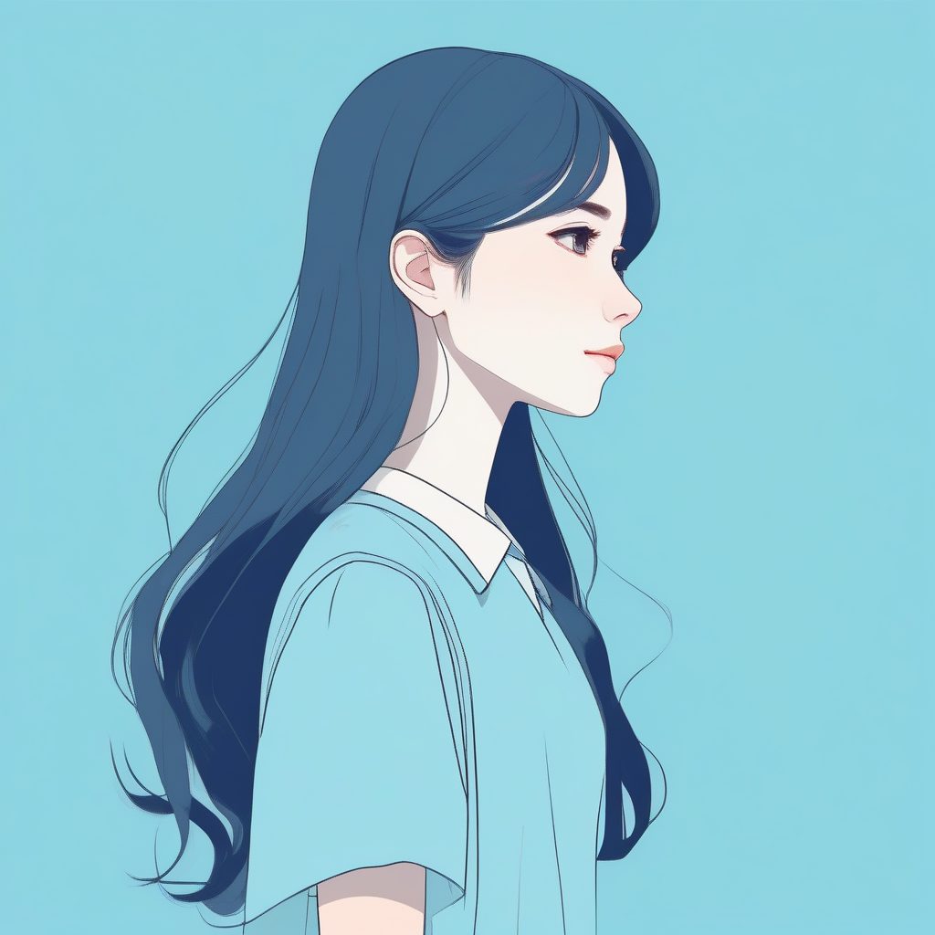 淡蓝色侧颜少女：低饱和度赛璐珞极简风格人像