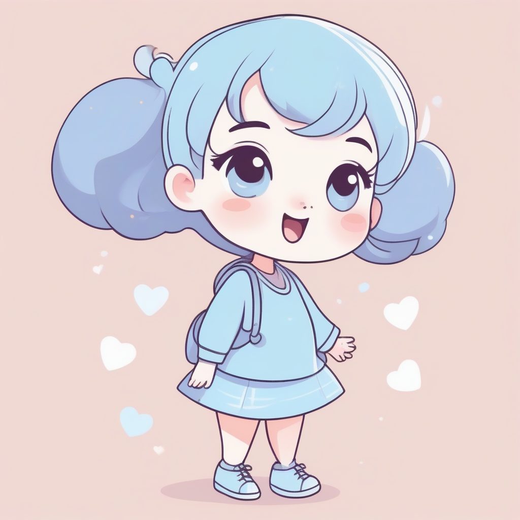 淡蓝色美学：Q版女孩大幅度挥手问候全身插画提示词