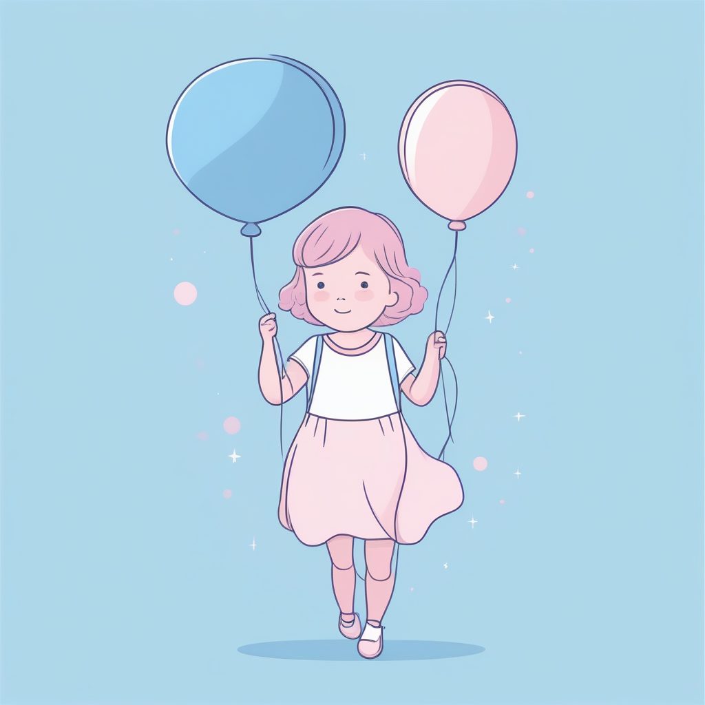 淡蓝色气球Q版少女：轻松愉快的涂鸦风格插画