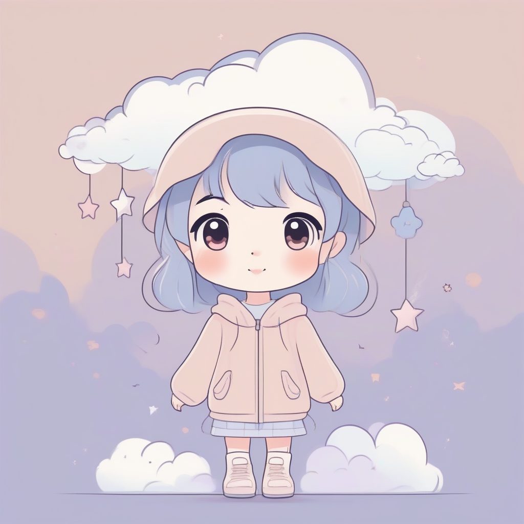 淡蓝色云朵主题：轻柔线条描绘的Q版角色卡