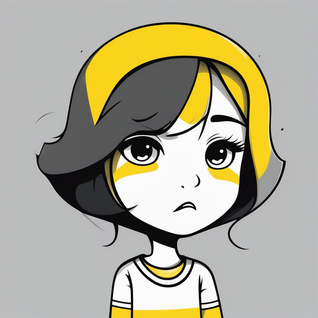 单线描绘：困惑歪头的Q版女孩，黑白极简风格