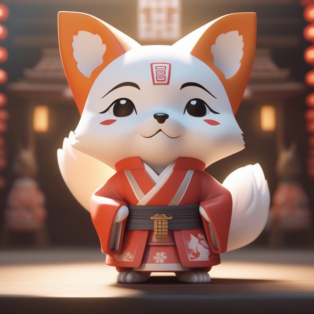 稻荷神社狐狸面具Q版巫女：C4D光追全身手办模型