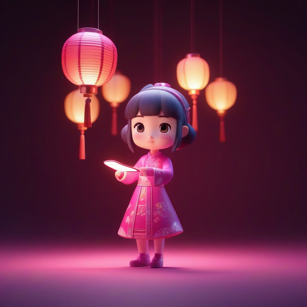 灯笼光影：深色调Q版中国裙盲盒全身C4D渲染