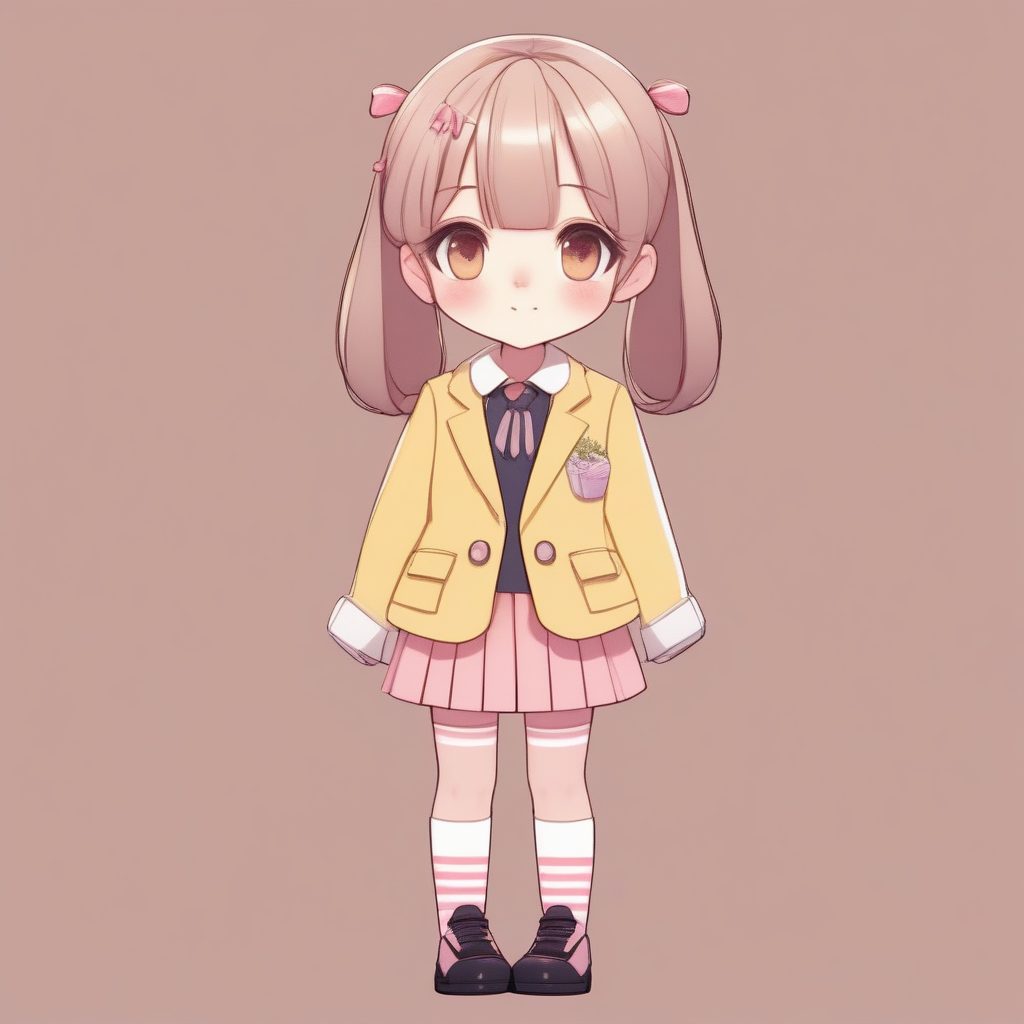 低饱和度学院风Q版女孩：百褶裙极简肖像纯色背景生成