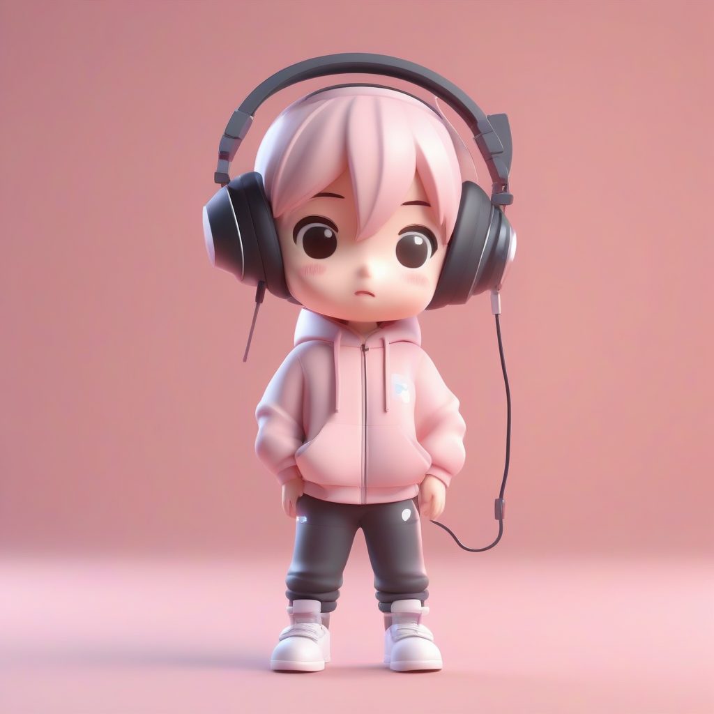 电竞耳机Q版男孩：眨眼动作，高光泽盲盒手办全身站姿Prompt