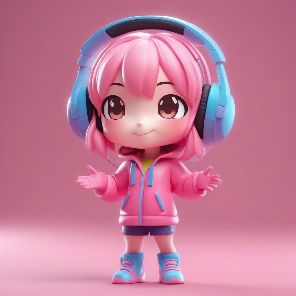 电竞耳机Q版女孩：点赞手势高抛光全身图，纯霓虹粉背景