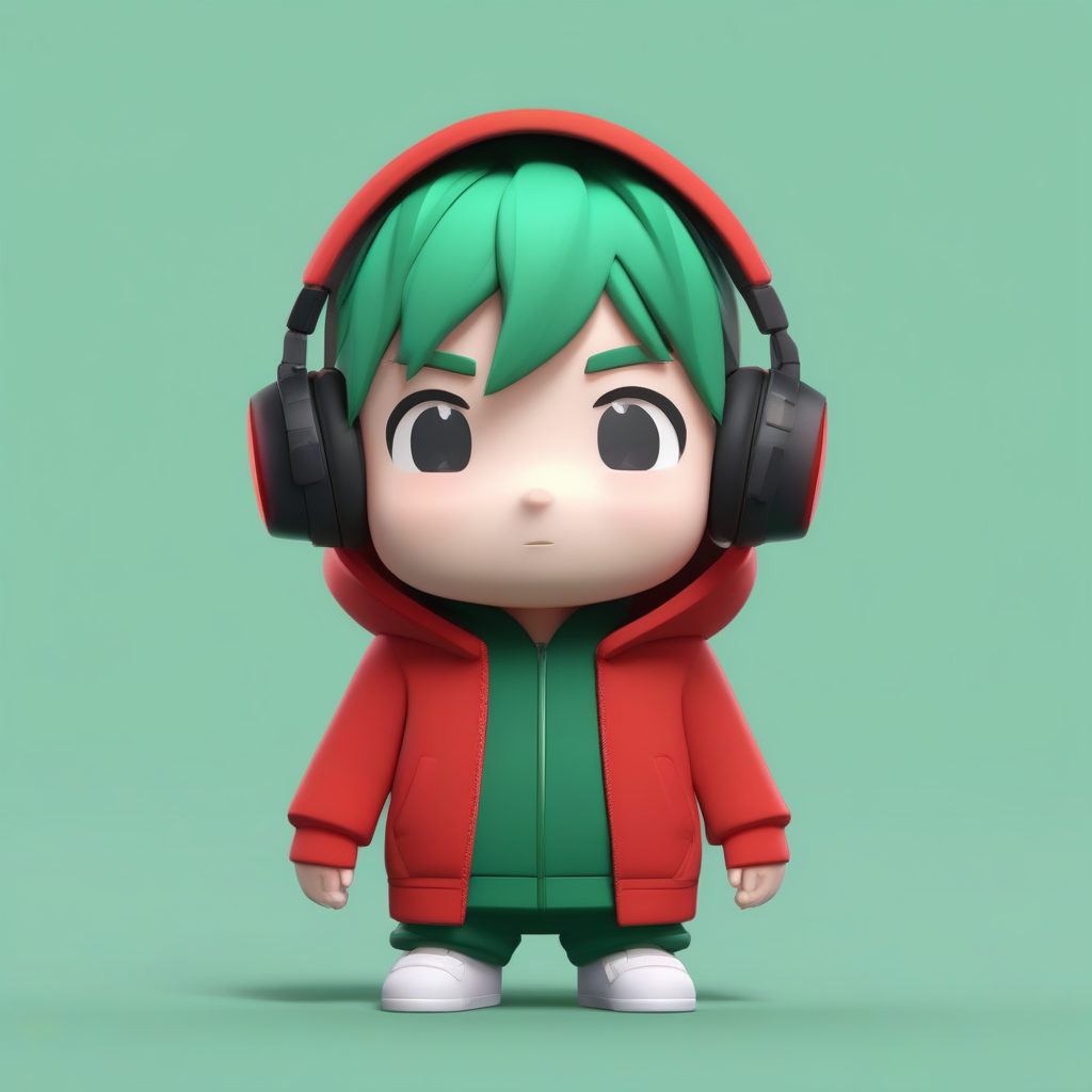 电竞风潮：鲜红色卫衣Q版男孩与游戏耳机，高清晰度C4D渲染