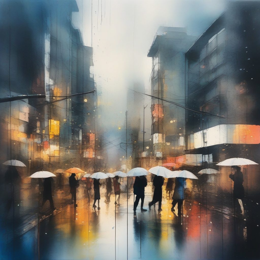 电影感东京雨景：高饱和度反射的抽象水彩城市提示词