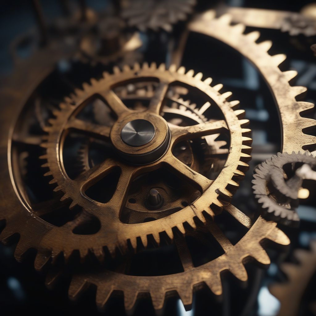 电影级工业摄影：蒸汽朋克齿轮装置宏观特写