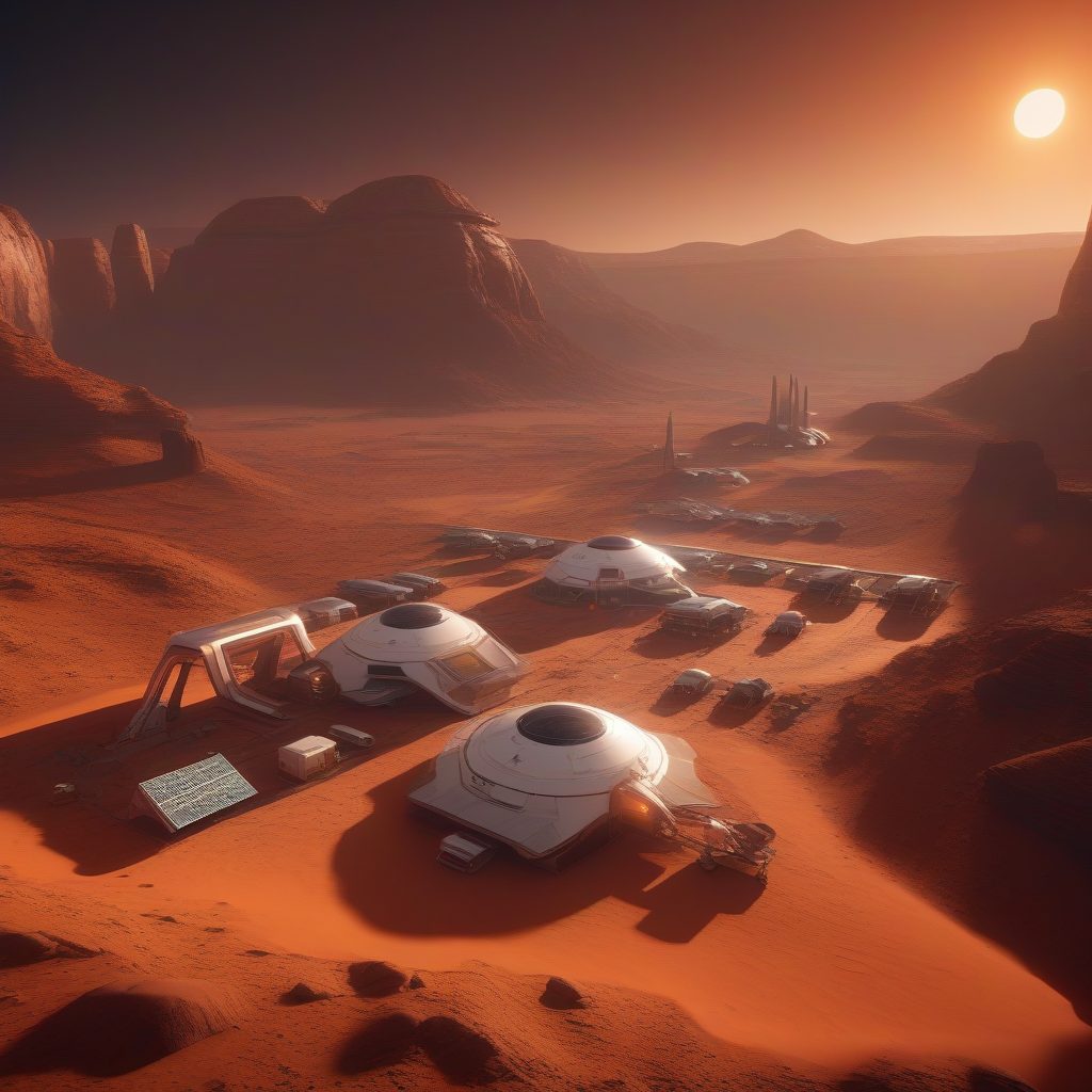 电影级科幻：火星移民基地的黄昏全景视图