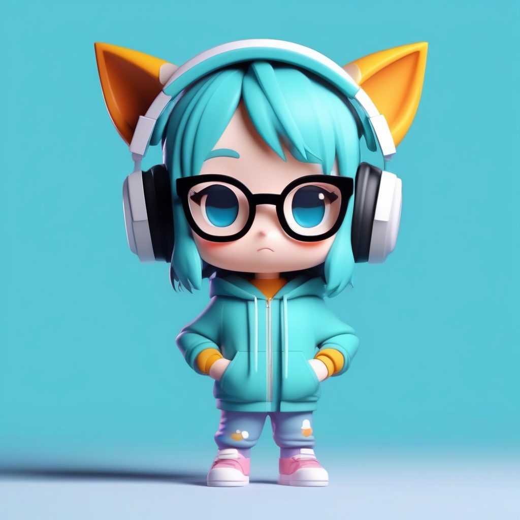 电影景深：戴着猫耳耳机的Q版游戏玩家女孩3D插画
