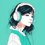 电子科技感少女:耳机与绿松石色的极简动漫肖像 2 dian zi ke ji gan shao nyu er ji yu lyu song shi se de ji jian dong man xiao xiang