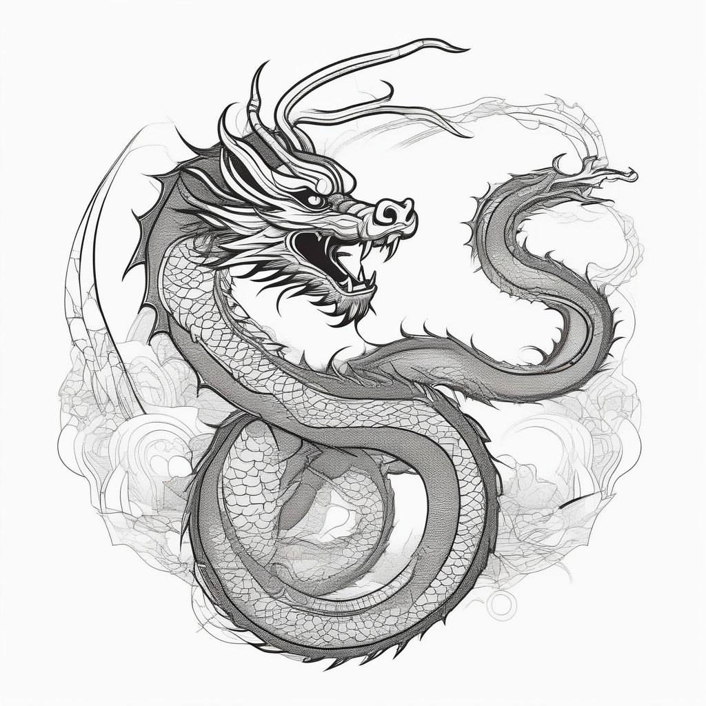 东方神龙极简轮廓：单线黑白矢量纹身草图