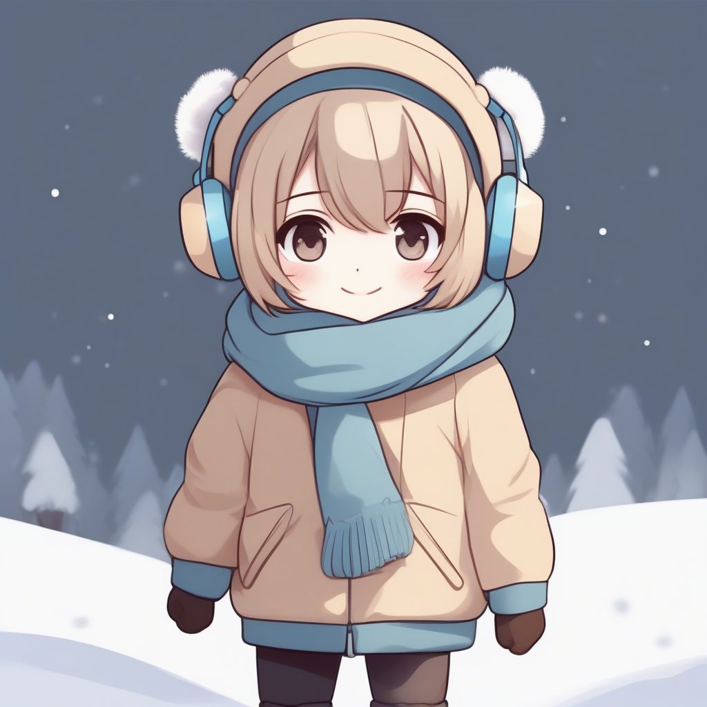 冬季保暖Q版角色：超大围巾与无辜大眼，温暖米色背景