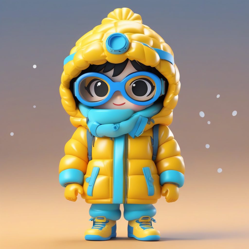 冬季滑雪板Q版男孩3D模型：亮黄羽绒服与动态姿态Octane渲染