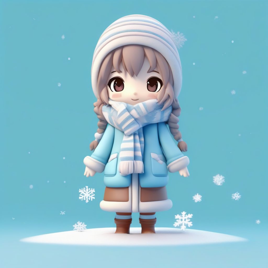 冬季Q版女孩：超大围巾包裹的3D盲盒全身渲染，纯冰蓝色背景