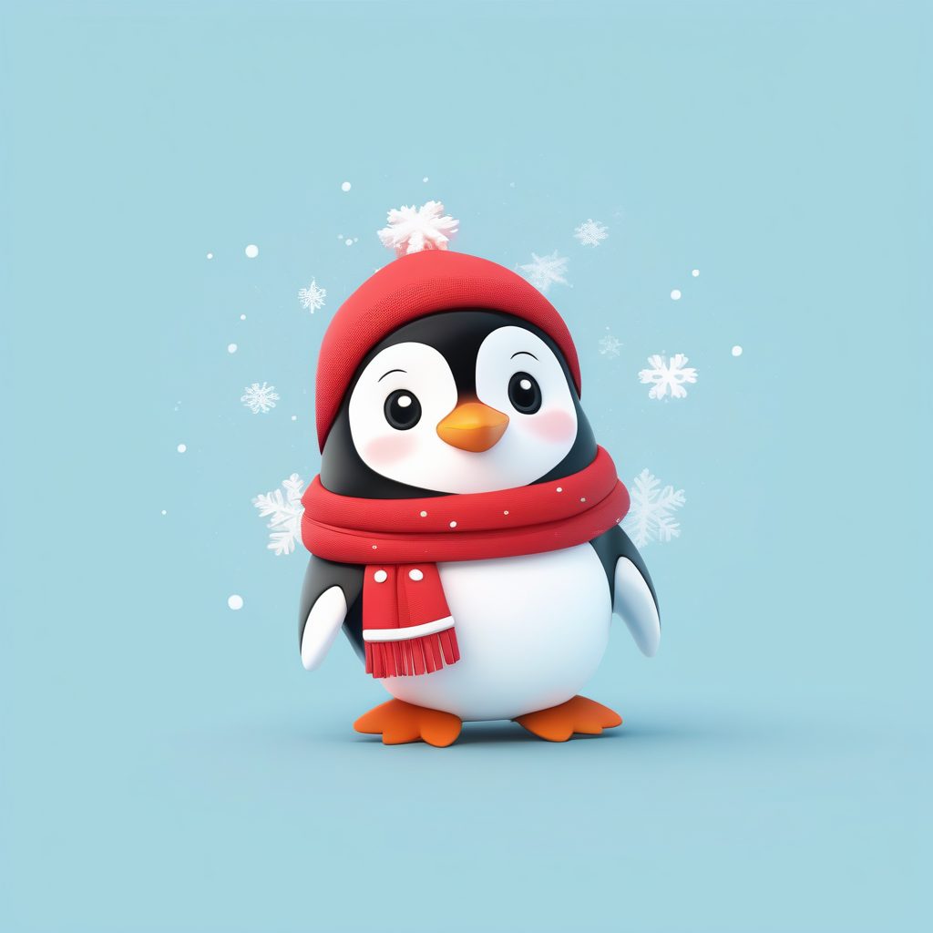 冬季企鹅Q版角色：平衡雪花动作，冰蓝色背景3D手办