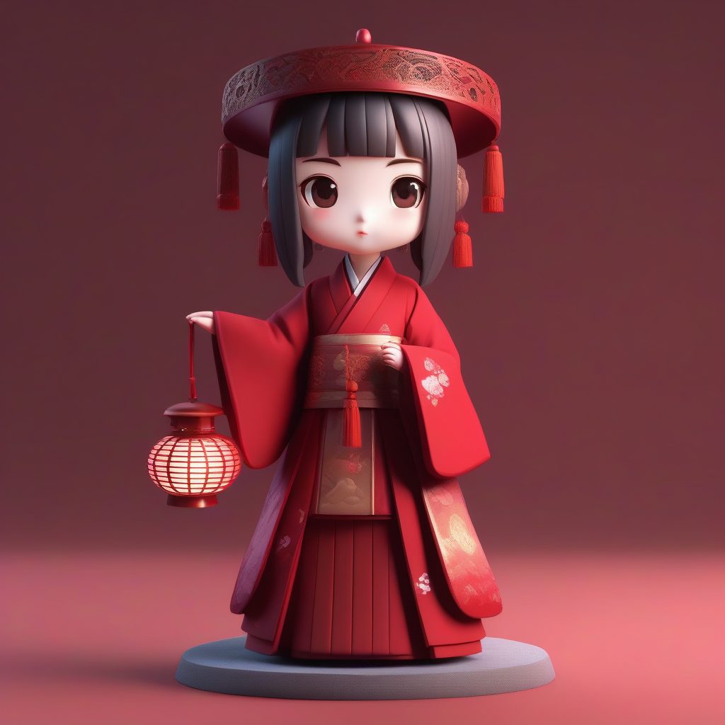 冬季深红汉服：Q版少女持灯笼3D盲盒全身渲染