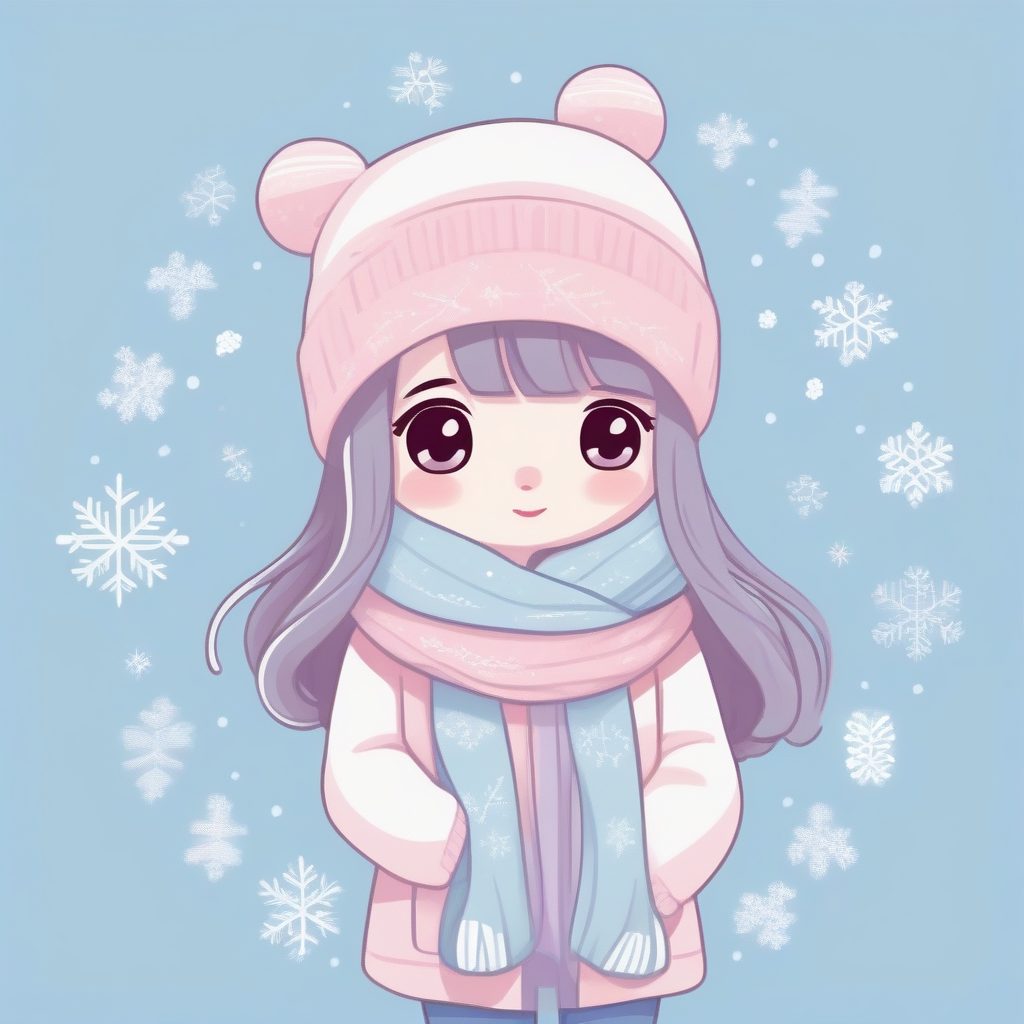 冬季围巾：Q版少女裹着厚围巾，淡蓝色调提示词