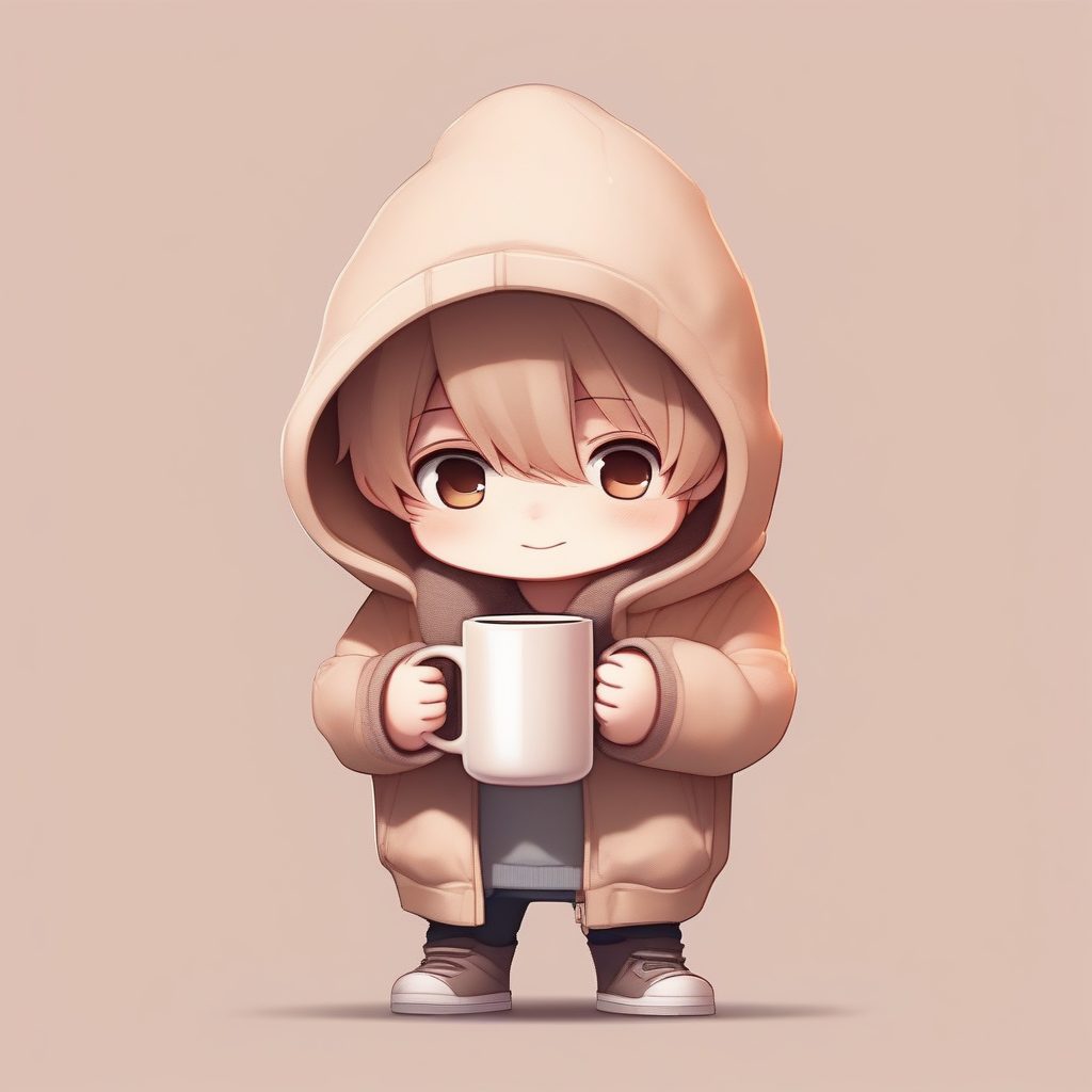 冬季治愈系毛绒卫衣男孩:抱热巧的害羞姿态,温暖桃色背景 5 冬季治愈系毛绒卫衣男孩:抱热巧的害羞姿态,温暖桃色背景