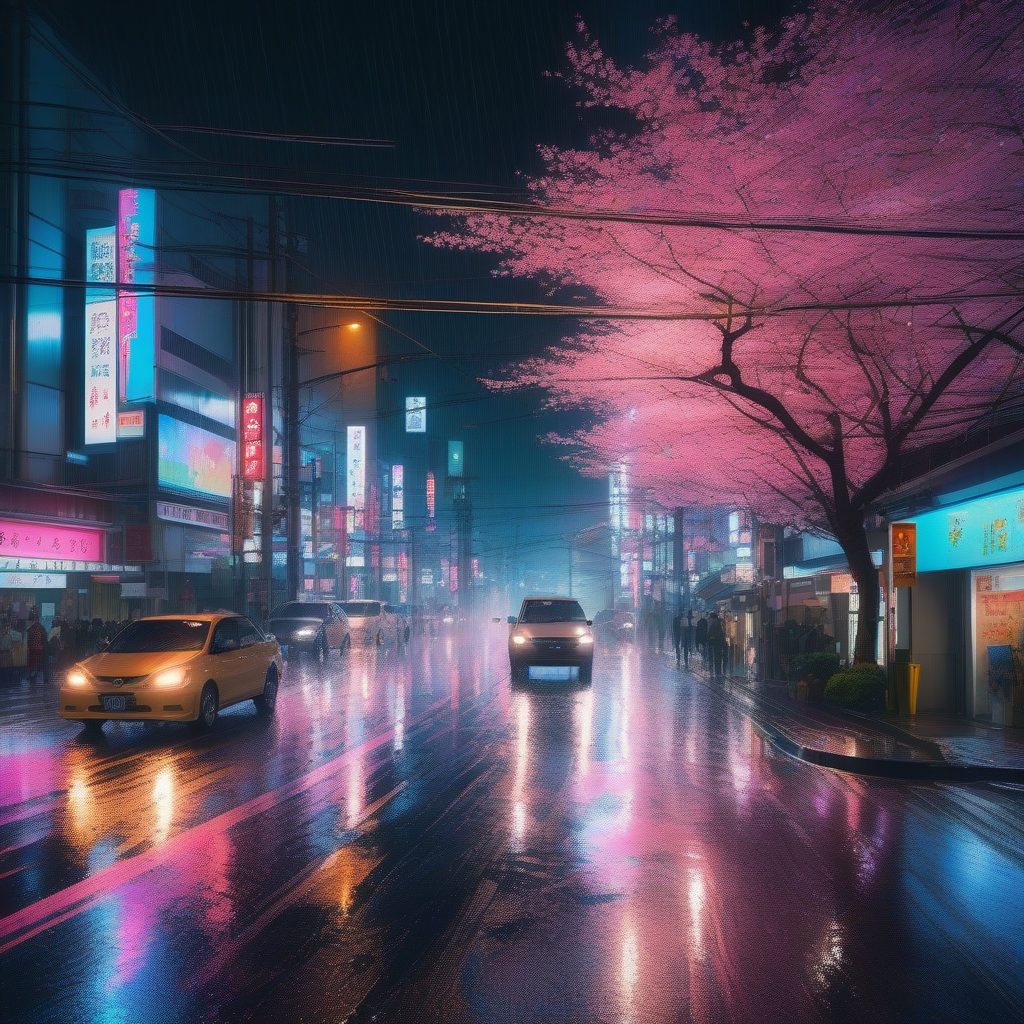 东京雨夜：霓虹、樱花与湿润街景的极致反射