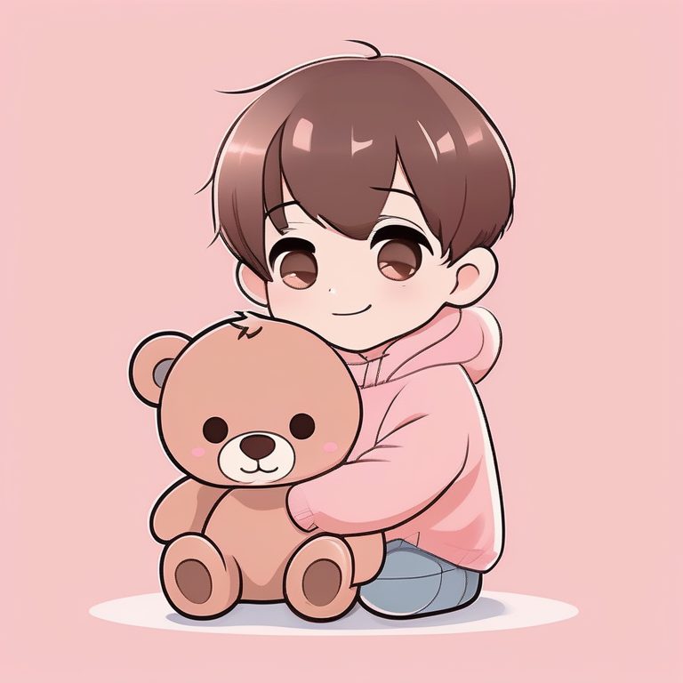 动漫极简卡哇伊Q版男孩全身照-粉色背景-抱抱玩偶熊