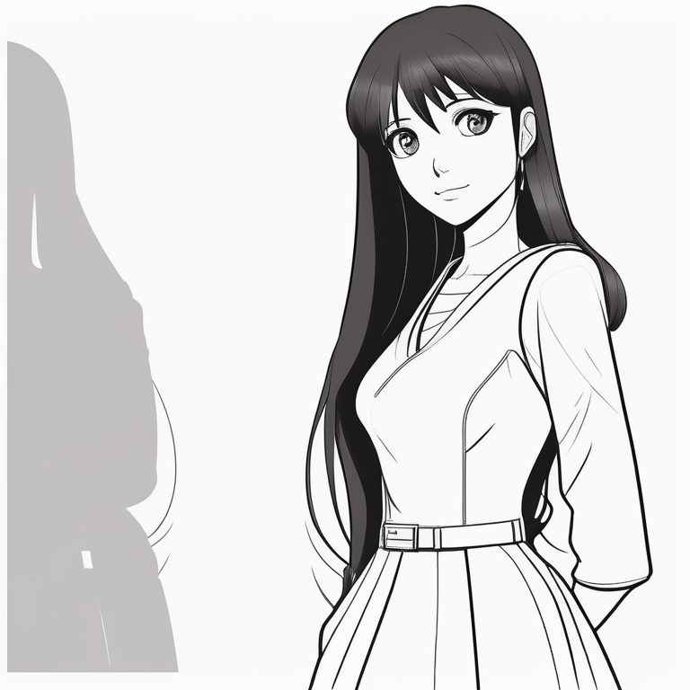 动漫极简少女肖像,干净白色背景,长直黑发