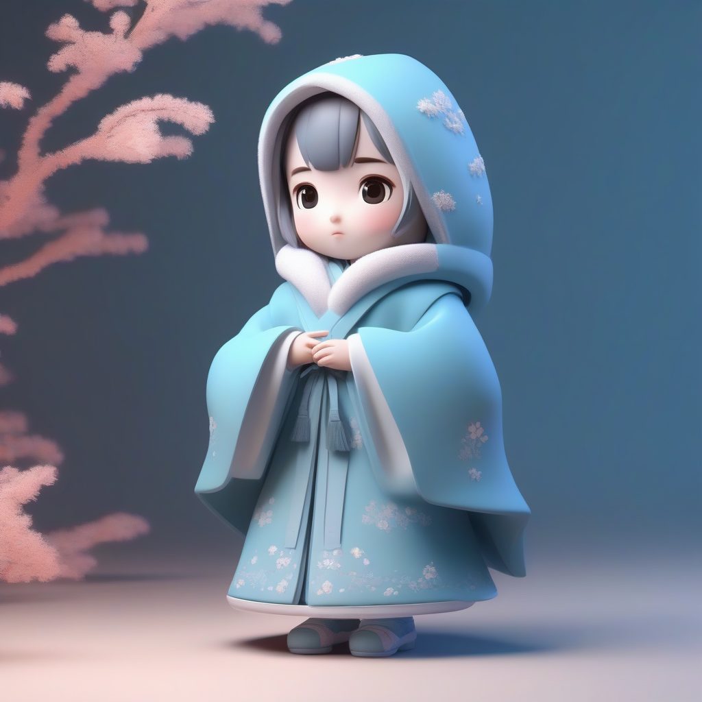 冬日绒毛斗篷:抱紧暖手的Q版汉服小女孩C4D模型