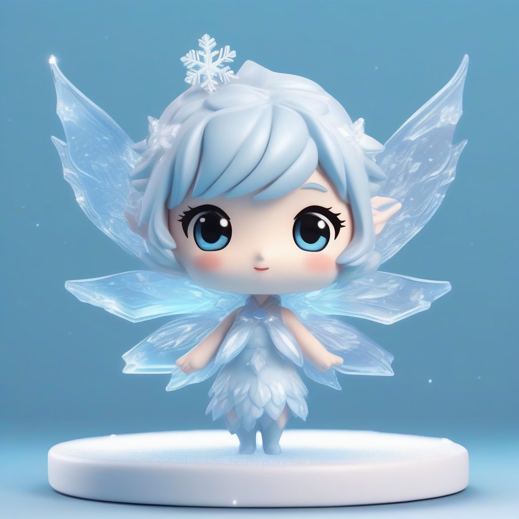冬日雪花精灵Q版:晶体透明翅膀,闪烁效果,冰川蓝背景提示词 1 冬日雪花精灵Q版:晶体透明翅膀,闪烁效果,冰川蓝背景提示词