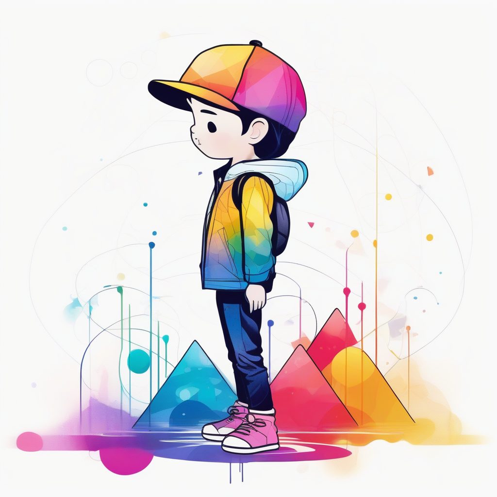 动态彩虹水墨：极简线条Q版男孩全身像，抽象几何背景