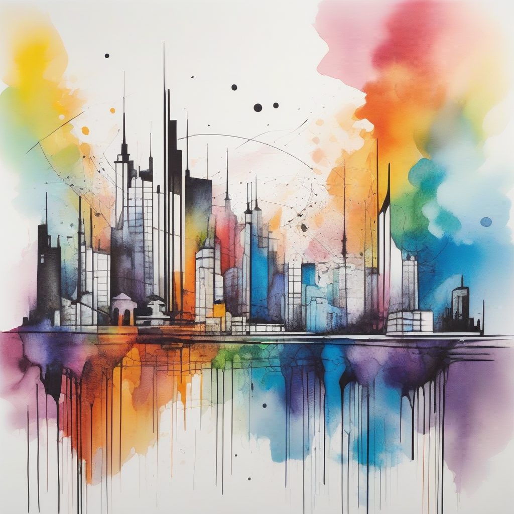 动态城市碎片：几何线条与虹彩水滴的建筑解构