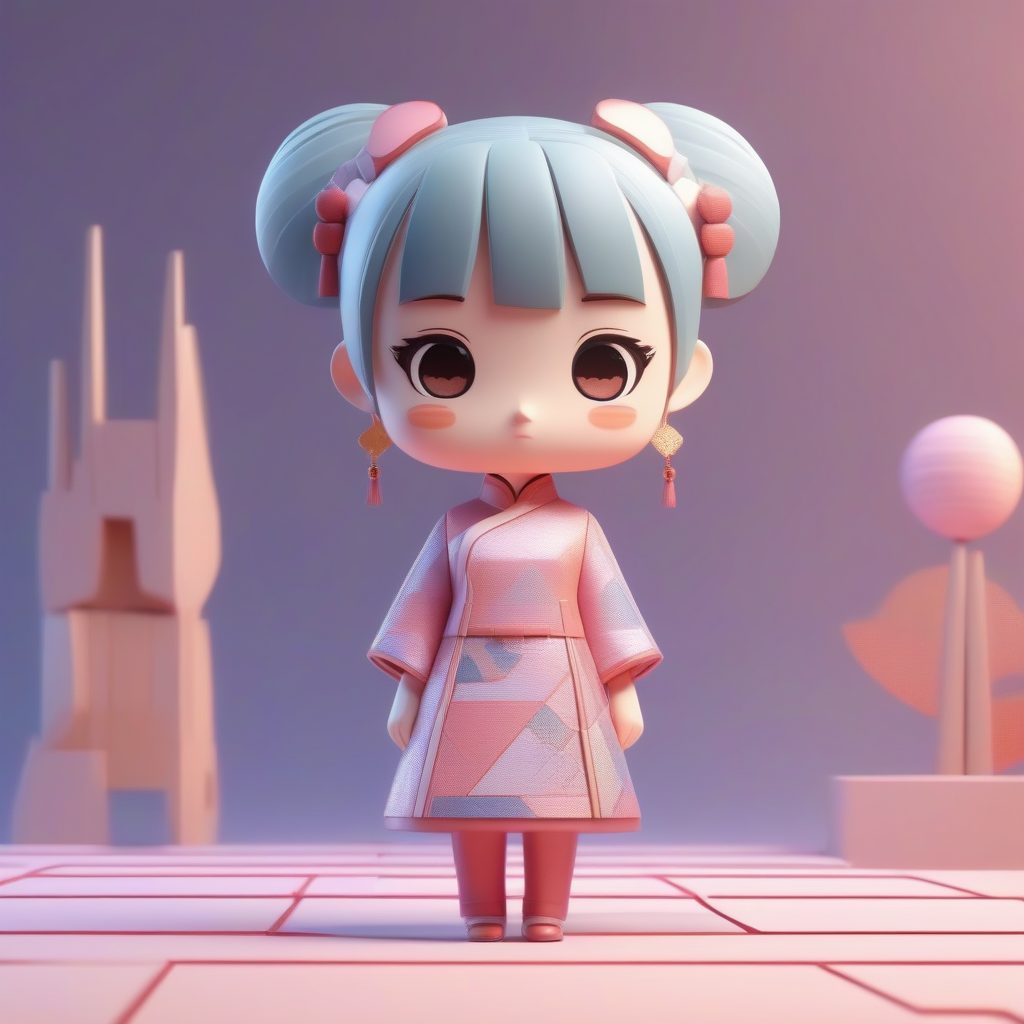 动态几何图案：现代旗袍少女Pop Mart风格立绘