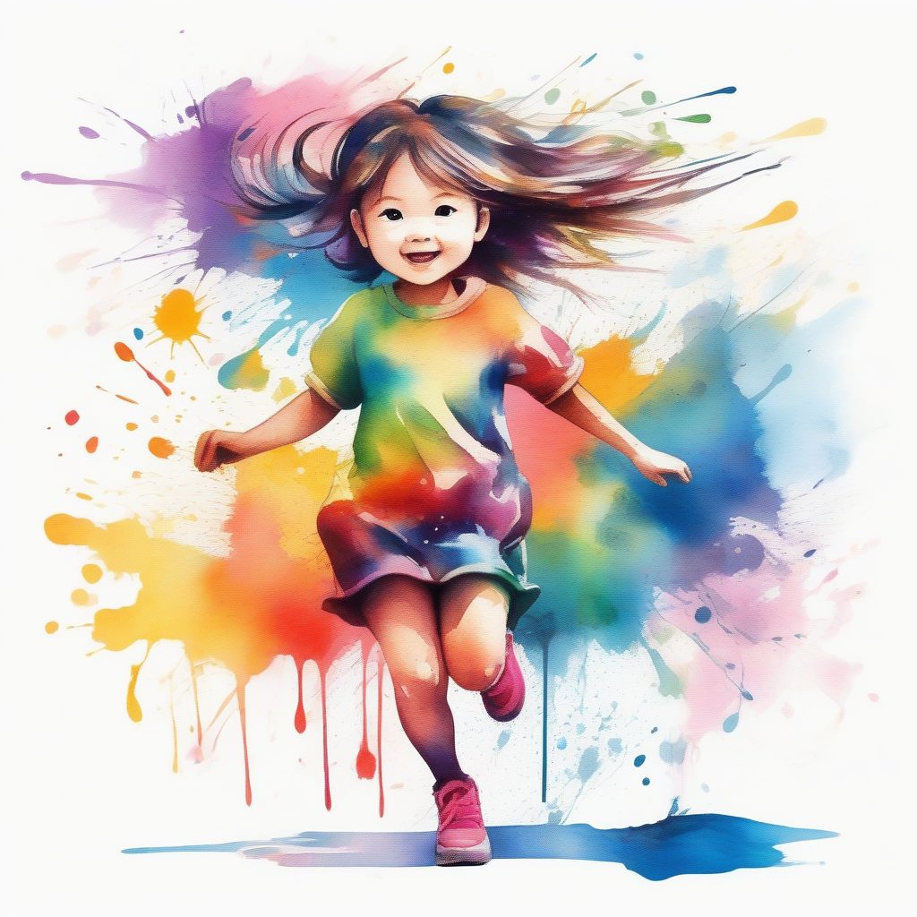 动态流动Q版插画：奔跑中的彩色墨迹飞溅