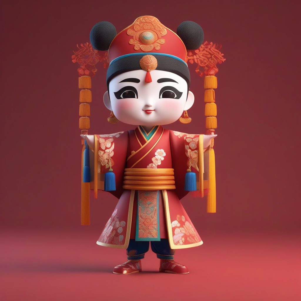 动态Q版京剧小生：3D盲盒造型，穿戏服站立，酒红色背景