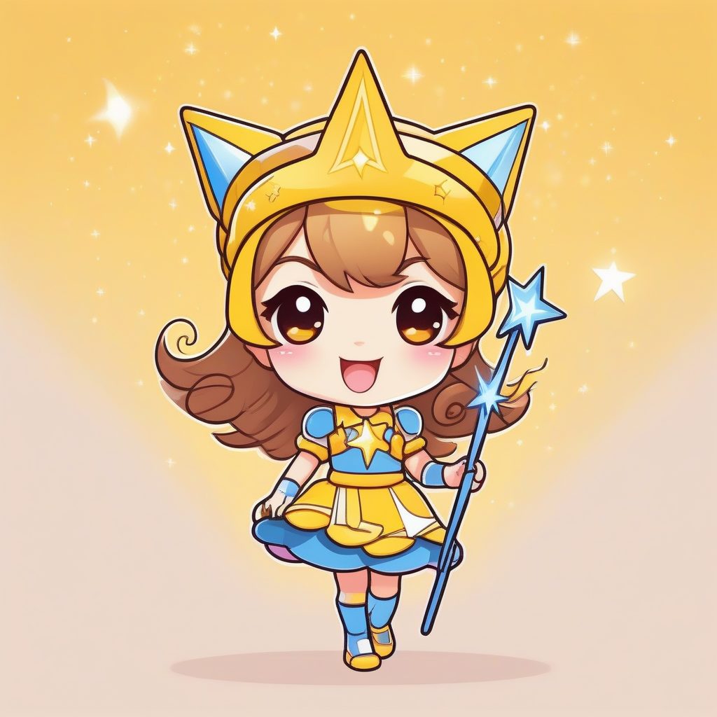 动态Q版魔法少女:手持星杖,纯黄色背景全身插画 49 动态Q版魔法少女:手持星杖,纯黄色背景全身插画