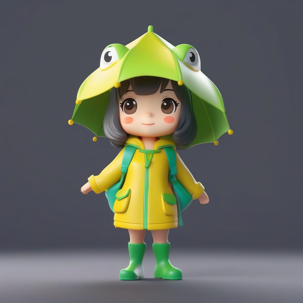 动态青蛙雨衣Q版女孩：3D Octane渲染与透明雨伞