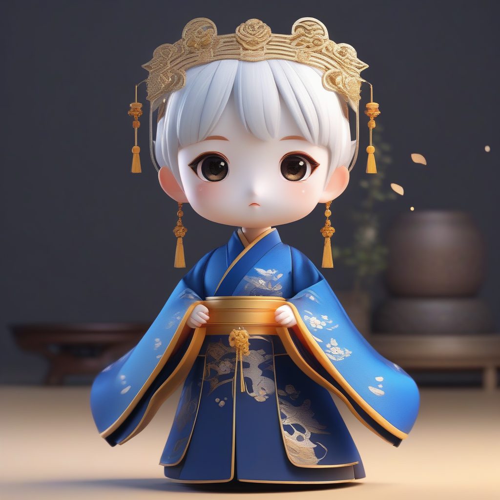 动态旋转Q版明制汉服：蓝金配色全身高细节渲染